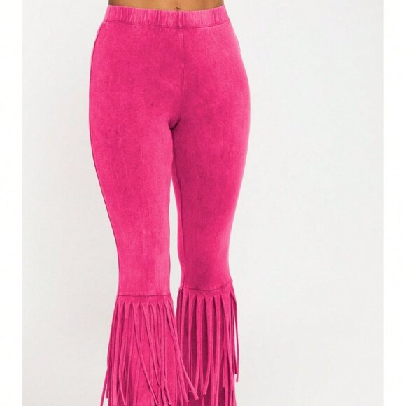 Fuchsia Casual Women's Mineral Washed 2 Layers Fringe Detailed Pants